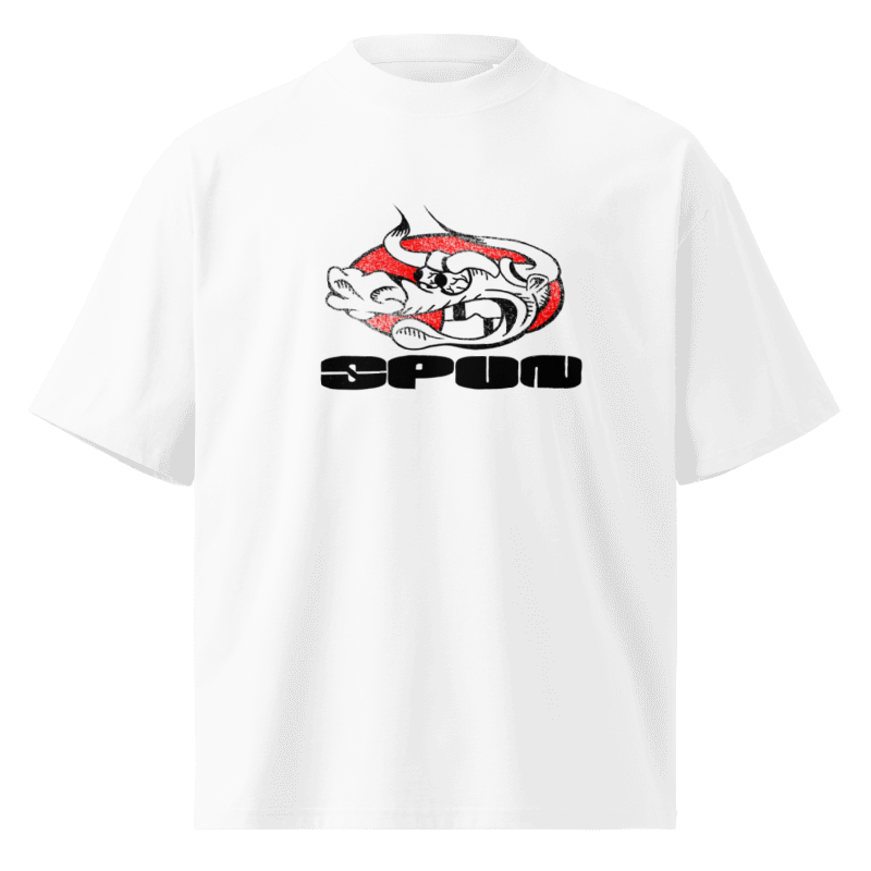 Spun BULL Tee — white mockup with bull graphic and SPUN lockup