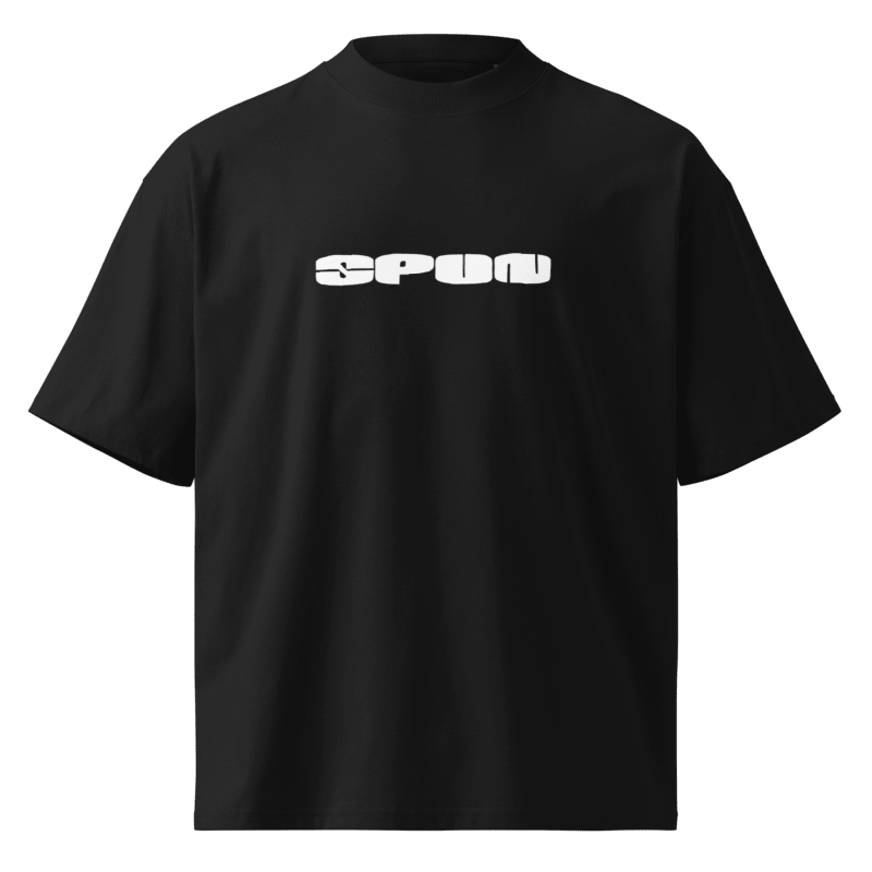 Spun Tee — black mockup with white SPUN logo